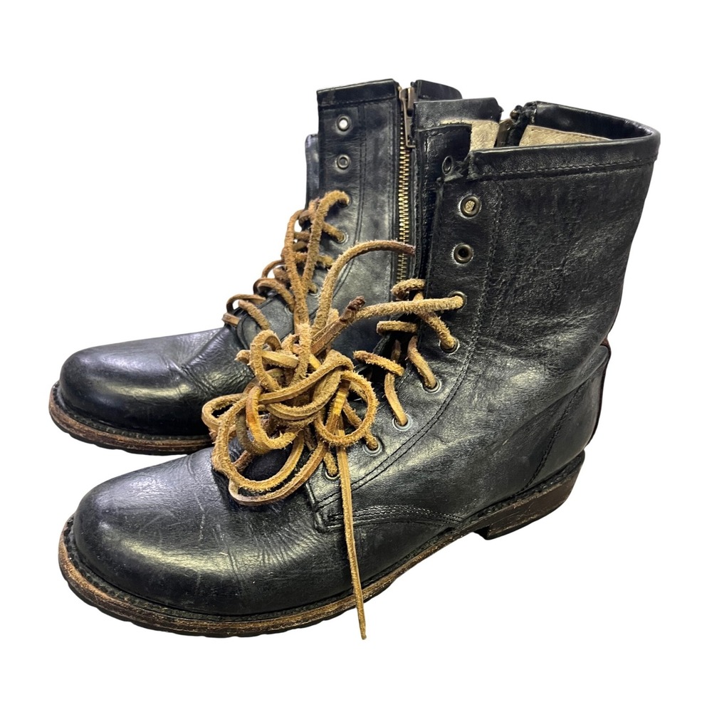 Freebird by Steven Chute Black Leather Combat Boots Burgundy Suede Heel Zip 9